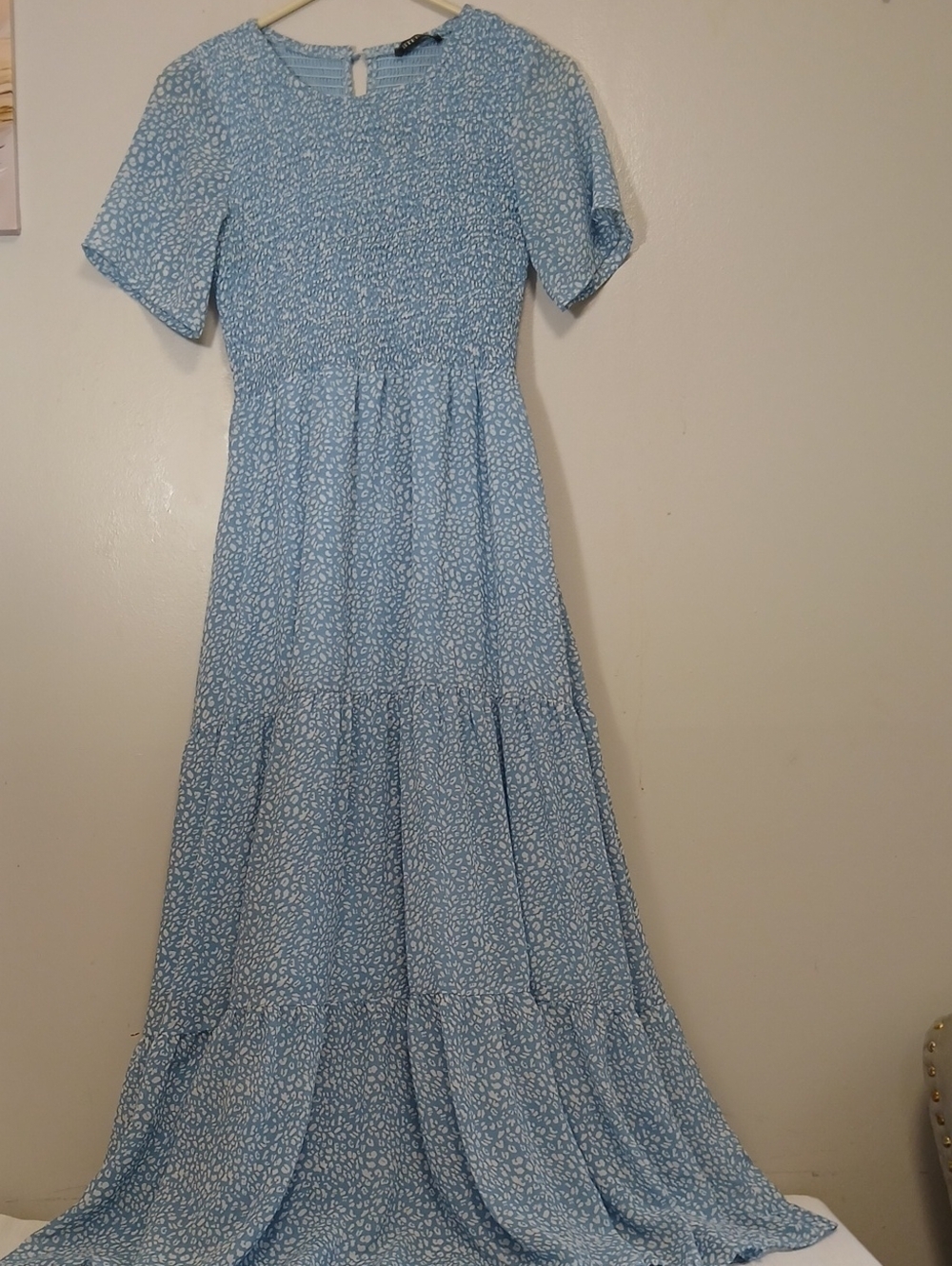 BTFBM Light Blue Floral Tiered Maxi Dress with Smocked Bodice